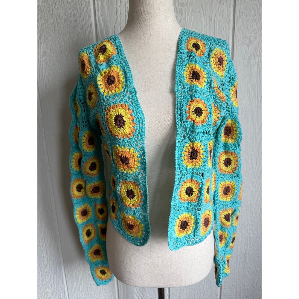 NWT Sadie & Sage Crochet Sunflower Open Cardigan, Boho XS